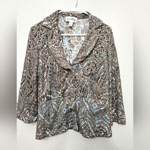 Joseph Ribkoff 10 Button Down Brown Blue Lace Overlay Animal Print Blazer Jacket